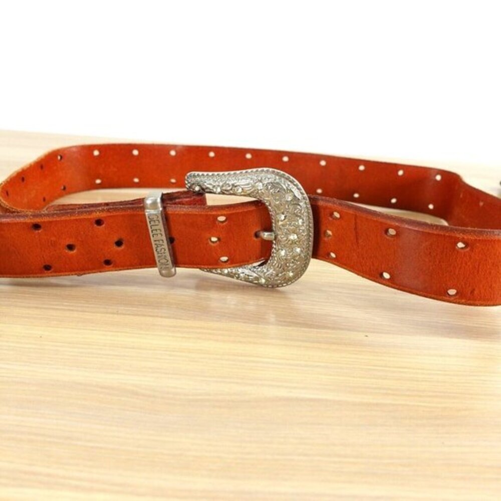 VINTAGE‎ Y2K Western Leather Belt L Brown Studded Rhinestone Buckle Heavy